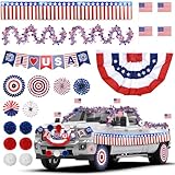 4Th Of July Parade Car Decorations Kit Patriotic Golf Cart Decor, Red White Blue Tinsel Garlands Fan Flag Usa Banner American Flag Paper Fans For Independence Day Memorial Day Party Favors