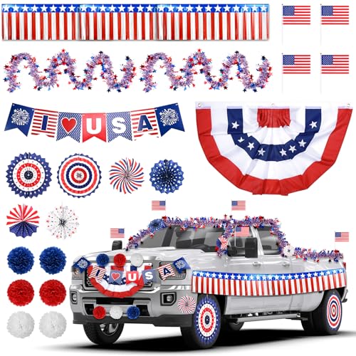 4th of July Parade Car Decorations Kit Patriotic Golf Cart Decor Red White Blue Tinsel Garlands Fan Flag USA Banner American Flag Paper Fans for Independence Day Memorial Day Party Favors
