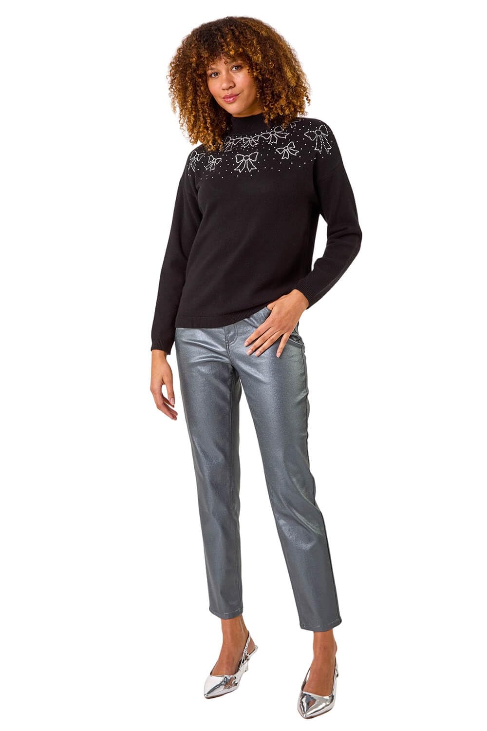 Roman Originals Women's Noir Silver Diamante Sequin Jumper For Uk Sparkly Glitter Sweater Embellished Smart Casual Autumn Winter Long Sleeve Round Neck Knitwear Knitted Pullover - Size 12