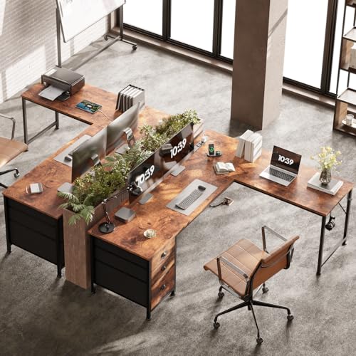 Image of Furologee 63 inch L Shaped Desk with Power Outlets & USB-C Port, Reversible Corner Computer Desk with 3 Fabric Drawers, Hooks, Large Home Office Desk for Gaming, Writing, Work, Rustic Brown