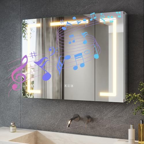 SONNI LED Spiegelschrank Bad mit Bluetooth 80x60 cm, 3 Türen Spiegelschrank mit Anti-Beschlag, Steckdose, 3 Lichtfarben, Dimmbar, Aluminum, IP44 Wasserciht