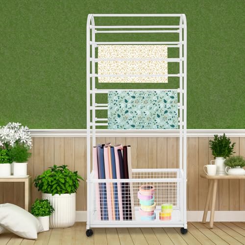 Image of CNCEST Double-Sided Ribbon Holder Organizer Rack,Free Standing Mobile Ribbon Holder,Metal Ribbon Stand Organizer,Ribbon Display Rack Storage Shelf for Craft Room,Wrapping Paper(White,27.6x11.8x65in)