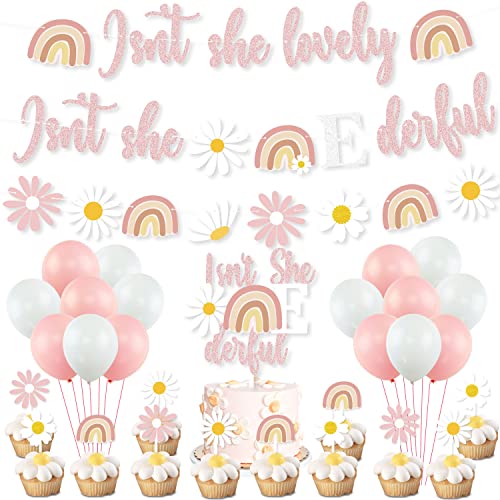 Boho Summer Daisy 1st Birthday Party Decorations, Pink Isn't She Lovely Isn't She Onederful Daisy Rainbow Banner Cake Cupcake Toppers Balloon for Girl Hippie One Year Old First Birthday Party Supplies