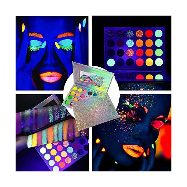Glow-in-the-dark-paint-Kalolary-Neon-Eyeshadow-Glow-Palette-UV-Glow-Blacklight-Matte-and-Glitter-24-Colors-Highly-Pigmented-Eyeshadow-Kit-with-4-Brushes-for-Halloween-Face-Body-Makeup Kalolary Neon Eyeshadow Glow Palette UV Glow Blacklight Matte and Glitter, 24 Colors Highly Pigmented Eyeshadow Kit with 4 Brushes for Face Body Makeup