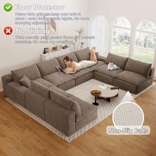 Image of 136 inch Cloud Couch Modular Sectional Sofa for Living Room, U-Shape Boneless Couch with Deep Seat, Modern Corduroy 8-Seater, No Assembly Required, Camel