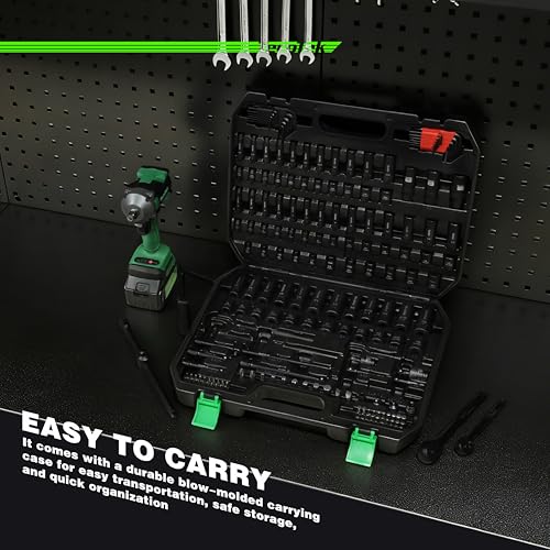 Image of TecoTek 1 /4 inch & 3 /8 inch Dr. Impact Socket Set, 189 Piece Socket Wrench Set Mechanic Tools, Metric and SAE Full Set, CR-V, Deep & Shallow Socket with Ratchet Handle, Spark Plug Socket, Bits for Mechanic