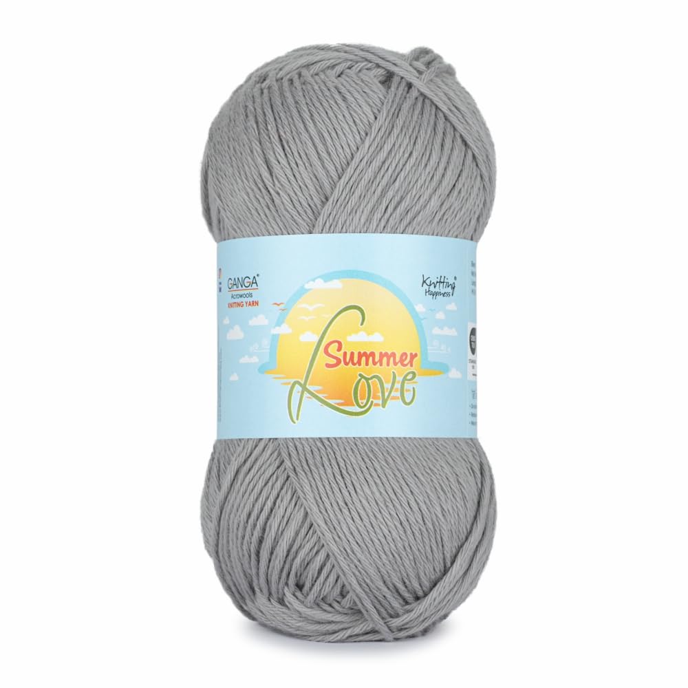 Ganga Acrowools Summer Love - Sport Weight - Cotton Yarn -Oekotex Class L Certified - Pack of 1-50 GMS Per Ball (Aluminium) Grey