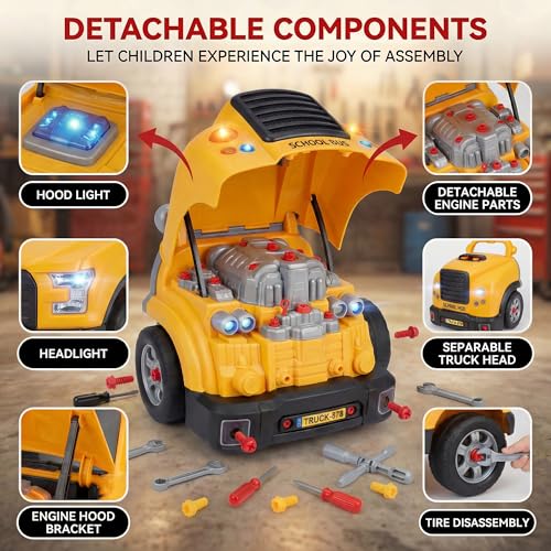 POFJOEQ Interactive Truck Engine Toy with Removable Parts - Lights, Sounds, and Fun for Young Mechanics -Unleash Their Creativity and Motor Skills with This Truck Engine Toy (Yellow)