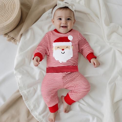 Karuedoo Toddler Baby Boy Girl Christmas Outfit Santa/Christmas Tree Embroidery Striped Waffle Knit Sweatshirt and Pants Set2