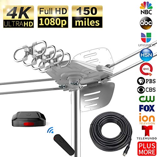 Outdoor Digital Amplified HDTV Antenna, 150 Mile Motorized 360 Degree Rotation, Wireless Remote