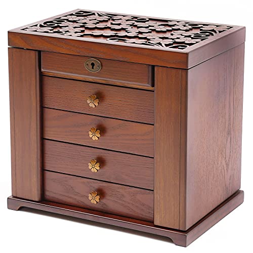 Large Wooden Jewelry Box with Mirror and Lock for Women, 5-layer Lockable Jewelry Organizer Watches Necklace Ring Storage Box (Cherry+Carving)