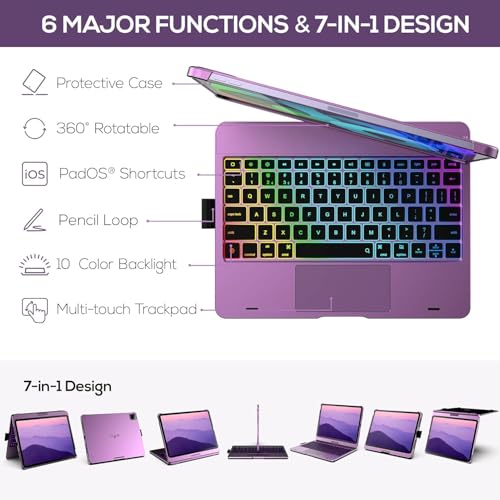Image of typecase Touch Keyboard for iPad Air 11 (M4 /M3 /M2,2026 /2025 /2024),Air 5th /4th & Pro 11(4th /3rd /2nd /1st) Trackpad,11-Color Backlit,360Rotatable,Pencil Holder (Not for A16 /10th /Pro 11-M5 /M4)-Purple'26