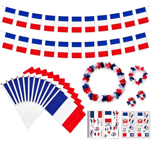 AHEZQILU Kit Supporter France, Guirlande De Fanions 10m, 10 Drapeaux À Main, Collier De Fleurs...