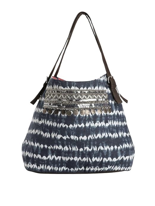 Tie-Dye Tote Bag, Blue and White, Embellished with Sequins and Coin Detailing, Boho Style-image-38