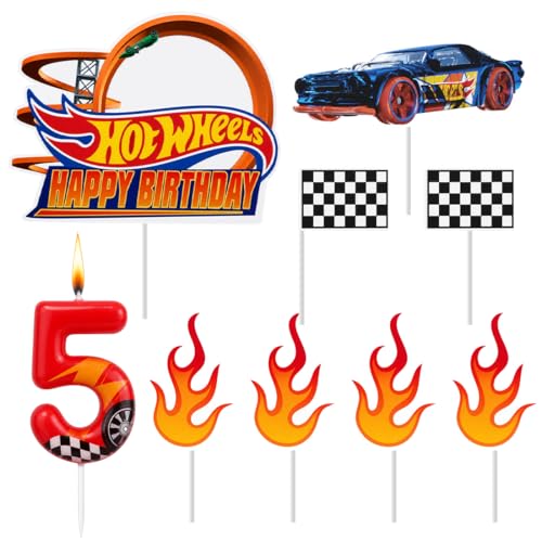 Cars Bougie d'Anniversaire 5 ans Garcon,Automobile Bougies 5 Gâteau Topper,Cupcakes pour Decoration Anniversaire Cars Voitures de Course pour Gâteaux