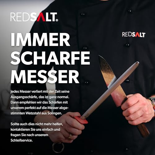 REDSALT® Professional Series GYUTO 牛刀 21cm Damaststahl 69 Lagen Chefmesser handgefertigt in Japan | Profi Kochmesser & Ledertasche | Damast Hammerschlag Klinge | Damastmesser Küchenmesser