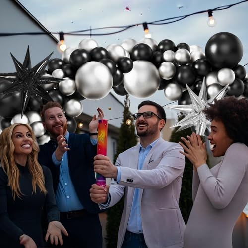Image of Black and Sliver Balloons Arch Garland Kit, 5 10 12 18 inch Sliver Black Baloons with Explosion Star Ballons 101pcs Balloons for Anniversary Wedding New Year Birthday Party Decorations