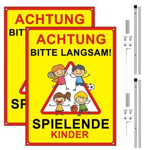 2 Stücke Aluminium Achtung Kinder Schild mit Reflektoren inklusive Schrauben und Sechskantschlüssel. Bitte Langsam Fahren Schild mit Pfosten geeignet für den Innen- und Außenbereich