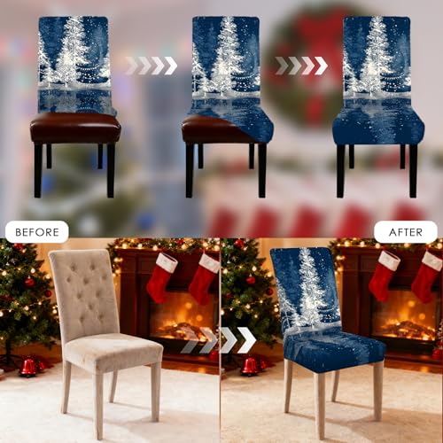 Image of Nuxovilar 4PCS Winter Pine Tree Starry Night Stretch Chair Covers | Holiday Slipcover Nature Protector Pine Wrap Seat Guard Dining Room Family Dinner Gathering (Starry Pine)