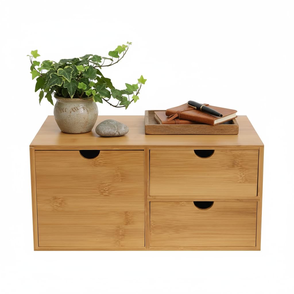 Organisateur de bureau, boîte de rangement de bureau en bambou avec 3 tiroirs, petite boîte à tiroirs de rangement de bureau, armoire de rangement, pour la maison, le bureau et le débarras, 33 x 19 x