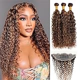 Highlight Honey Blonde Curly Bundles With Frontal 14 16 18+14 Inch, Water Wave 4/27 Ombre Color Bundles 13x4 Closure Ear to Ear Melt Lace, 100% Virgin Human Hair Wet And Wavy Brown Weave With Frontal