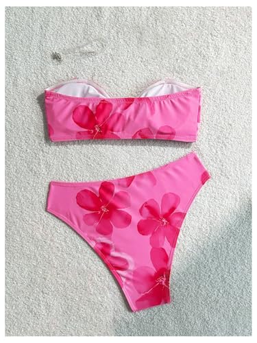 OYOANGLE Girl's 2 Piece Strapless Swimsuits Boho Floral Twist Ruched Bandeau Bathing Suit Swimwear2