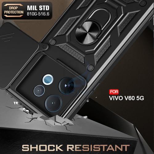 Image of AESTMO Tough Armor Vivo V60 / V60e / T4 Pro 5G Bumper Back Case Cover | Ring Holder & Sliding Camera Shield Cover | 360 Degree Protection Back Case Cover for Vivo V60 / V60e / T4 Pro 5G (Black)
