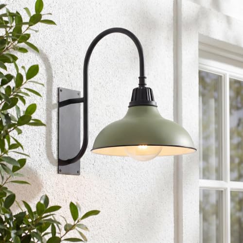 Image of JONATHAN Y 12.25 inch Matte Olive Green /Black 1-Light Farmhouse Gooseneck Outdoor Wall Sconce Lamp, with Black Metal Bowl Shade, Industrial Iron LED Porch Light for Patio Garage Entryway (JYL7614I)