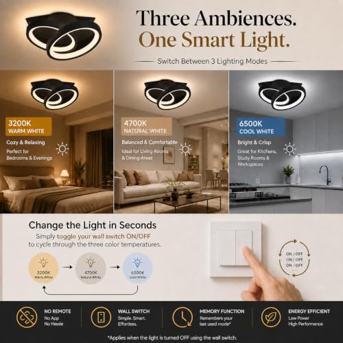 Image of 50W Round LED Ceiling Light, Modern Decorative Chandelier Ceiling Lamp, 3 Color Modes, Anti-Glare Eye Protection, High Brightness Indoor Lighting for Living Room, Bedroom, Hall, Black Round