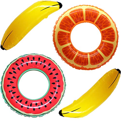 4PCS Pool Floats for Adults and Kids, 2Pcs Watermelon Orange Inflatable Pool Floats 80CM/31.5" and 2Pcs Inflatable Banana Balloons Fun Water Toys for Kids Adults Swimming Pool Toys Summer Beach Party