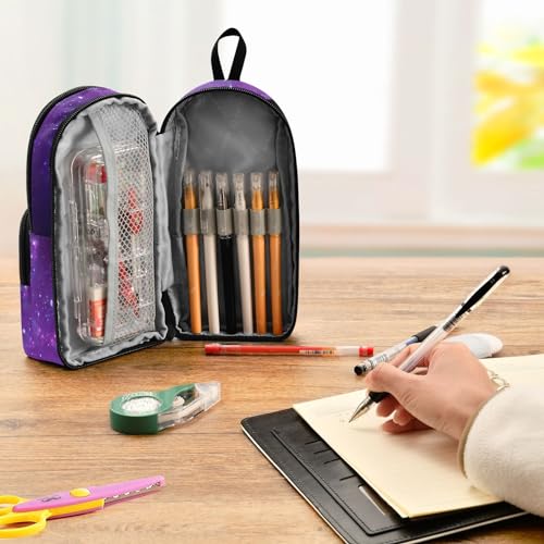 Image of ZAZYXTJ Galaxy Standing Large Capacity Pencil Case 3 Compartment Pen Pouch Storage Canvas Makeup Bag for School Office Teen Girl Boy Men Women