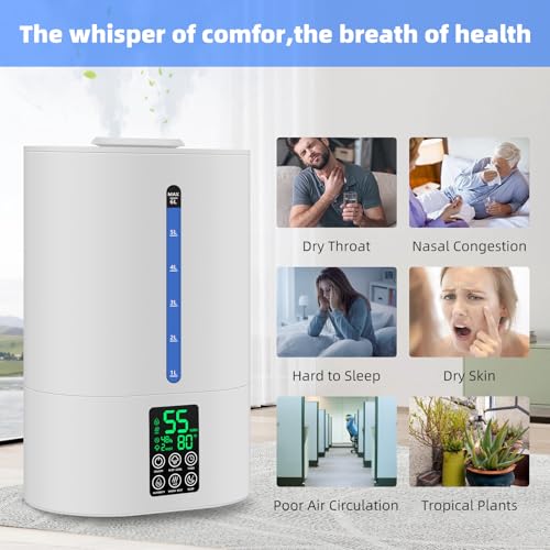 Image of 6L Humidifiers for Bedroom Large Room Home, Cool and Warm Humidifier for Baby and Plants Mist Top Fill Desk Humidifiers Essential Oil Diffuser, Quiet with Adjustable Mist,360Nozzle-White
