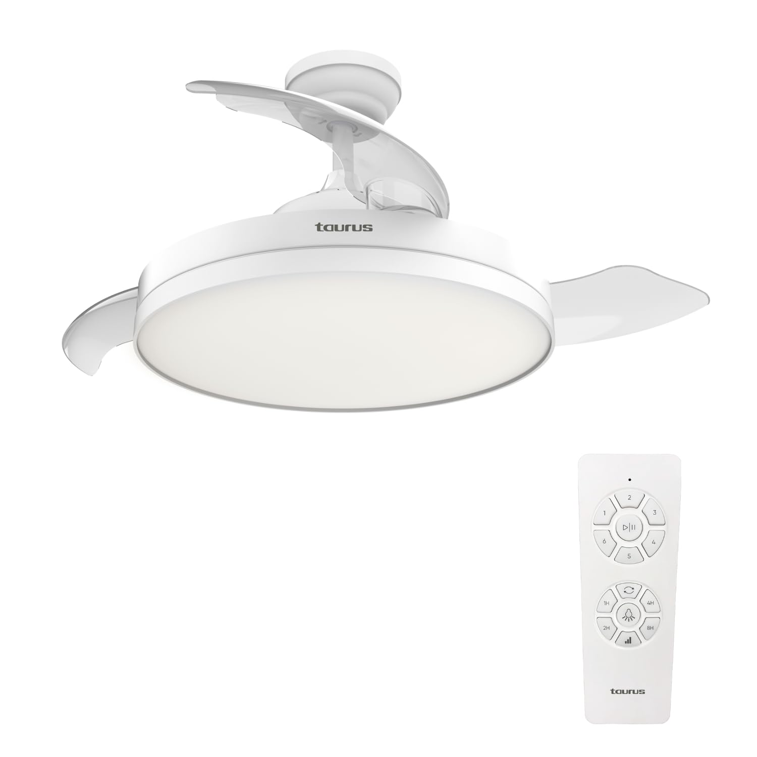 Taurus – Ventilatore da Soffitto con Luce Fresko Hide&Go | 3 Pale | Ultra silenzioso | Timer 8h | 6 Velocità | Telecomando | Programmazione | Motore DC | Bianco