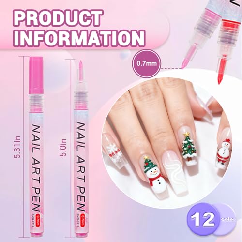 Image of Nail Art Pens Set, 12 Color 0.7 MM Nail Art Markers Nail Polish Pens Drawing Painting Point Liner Painted Kit, Waterproof and Quick-drying Nail for DIY Design Manicure Tools