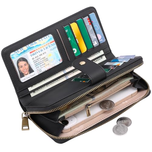 Image of GAEKEAO Wallet for Women Clutch RFID Blocking Wristlet Leather Purse Large Capacity Credit Card Holder with Grip Hand Strap