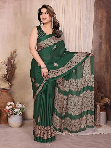 Image of Amazon Brand - Tavasya Womens Blocked Printed Daily Wear Chiffon Georgette Saree With Blouse With Blouse