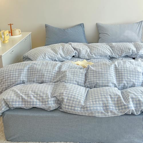 Covebett Juego de ropa de cama a cuadros de 200 x 200 cm, de microfibra lavada, 3 piezas, diseño moderno a cuadros, color blanco y azul, funda nórdica con cremallera y 2 fundas de almohada de 80 x 80