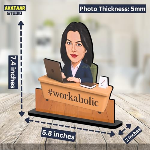 Image of Personalized Workaholic Girl Caricature Gift Custom Office Desk Avatar Birthday Gift for Wife Girlfriend Sister Friend Unique Corporate Gift for Women (Workaholic Girl, 7 Inches)