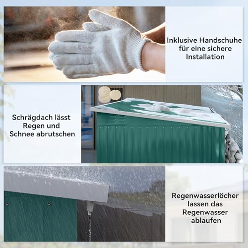 Outsunny Metall Gerätehaus 4,13 m² Geräteschuppen mit Fenster Pultdach Lüftungsöffnungen Abschließbarer Breiter Tür Bodenrahmen 260 x 177 x 190 cm wetterfest Gartenhaus Schuppen für Außenbereich Grün