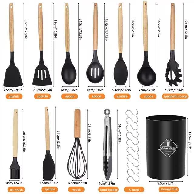 Honeueuen Kitchen Utensil Set, 22 Pieces Silicone Cooking Utensils Set, Natural Wooden Handles Cooking Tool BPA Free Non Toxic Non Stick Heat Resistant Silicone Kitchen Gadgets Utensil Set, Black