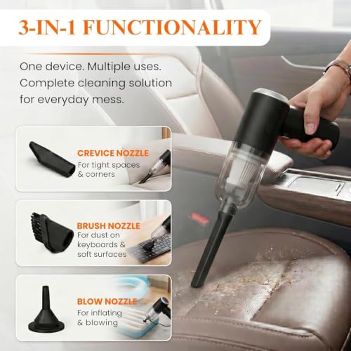 Image of 3-in-1 Car Vacuum Cleaner Cordless Handheld Vacuum with Blower, USB Rechargeable Portable Mini Vacuum Cleaner, Washable HEPA Filter, Wet & Dry for Car, Home, Office, Sofa
