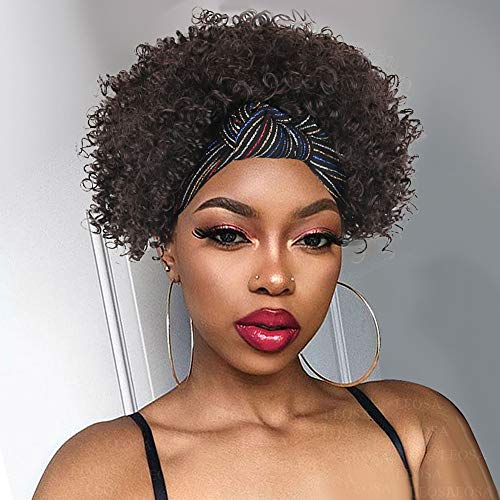 LEOSA Kinky Headband Wig,Short Kinky Curly Wig for Black Women Wrap Wig 2 in 1 Synthetic Afro Full Wigs with Headband Attached None Lace Front Wigs for Black Women Afro Wig Wraps Headwrap Wig 6 inches