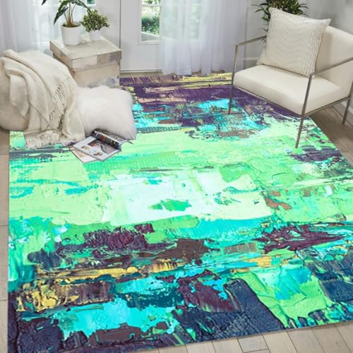Contemporary Abstract Old Oil Painting Rug Teal Blue Green Artistic