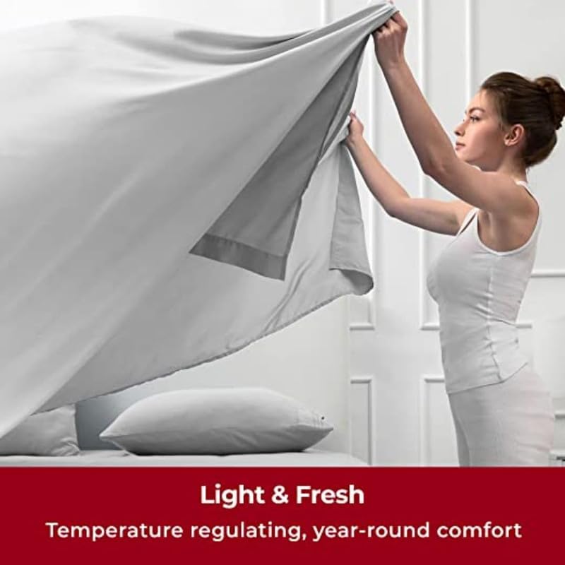 Image of Queen Size Bedsheets for Single Bed 600 TC - Cotton Elastic Fitted Sheet (60 x 84 Inches) with 10 Inch Drop- Color Light Gray Solid [ Fitted Sheet with 2 Pillow Cover]