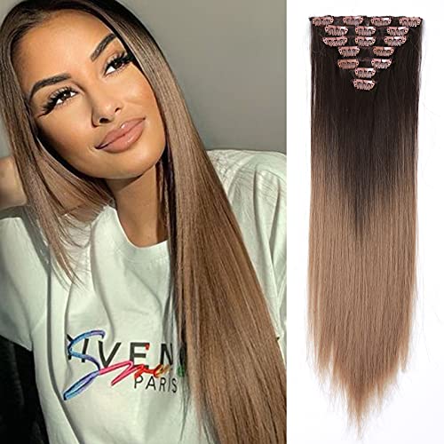 HAIRCUBE Clip in Hair Extension Ombre Light Brown Head Silky Straight Hair Extension for Women Hair Pieces Synthetic Braiding Hair Heat Resistant 18 Inch 16 Clips
