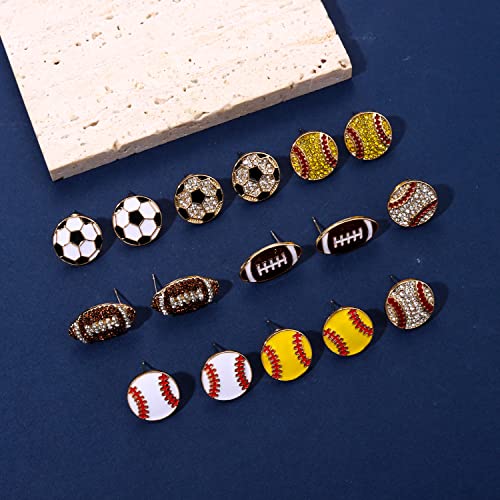 Rhinestone Baseball Softball Stud Earrings For Women, Sparkly Crystal Cz Basketball Football Volleyball Soccer Earrings, Enamel Hypoallergenic Round Stud Earrings Sport Lover Holiday Party Game Jewelry For Women Girls (8 Pairs Set) #TOP3