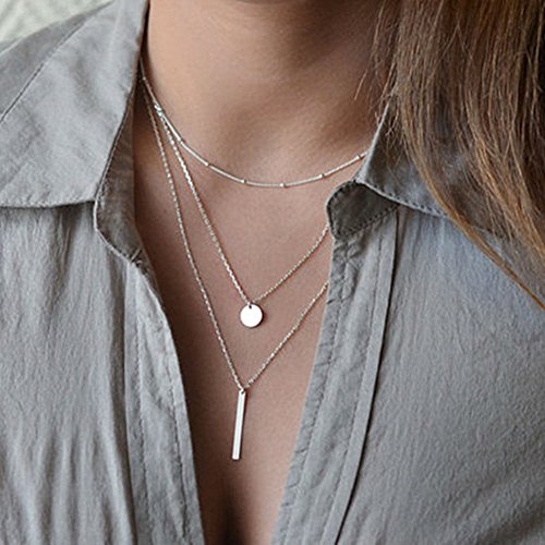 AKOAK 1 Pcs Silver Chic Bohemian Alloy Pendant Multilayer Bar Coin Necklace Clavicle Chains Charming Necklace