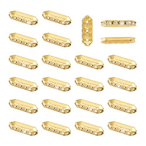 Spritewelry 100Pcs Grade A 3 Holes Rhinestone Spacer Beads Golden Crystal Spacer Bar Link Connectors Metal Hexagon Loose Beads for DIY Multi Strand Bracelet Jewelry Making