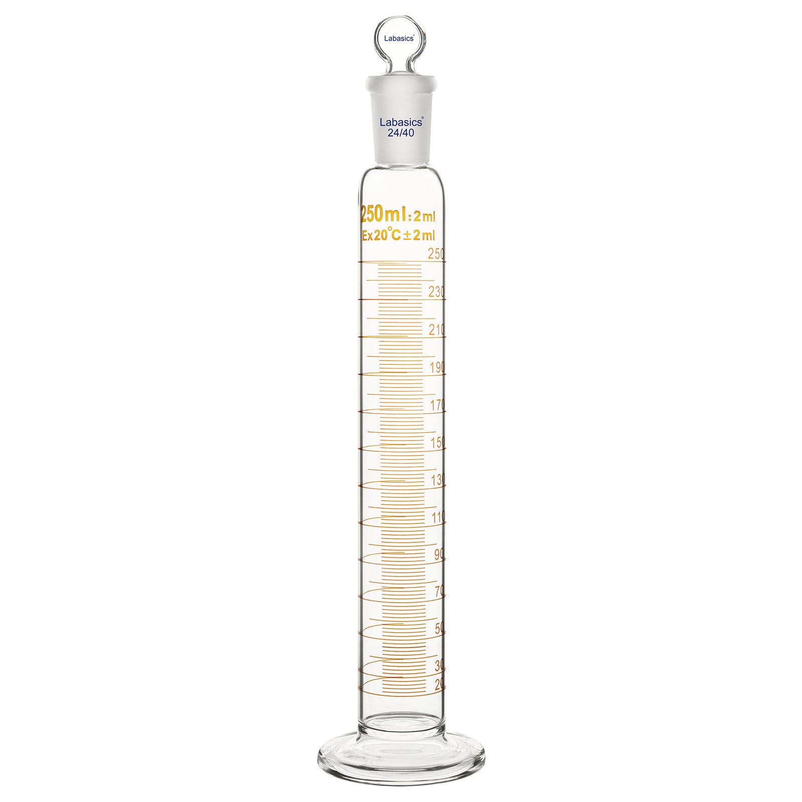Labasics Cilindro Graduado con Tapón 250 ml Vidrio Borosilicato Junta Esmerilada 24/40 Laboratorio Medición Líquidos