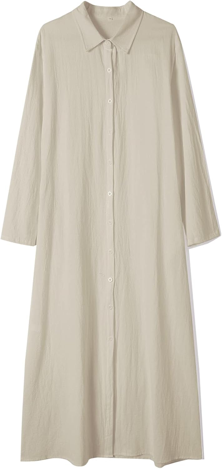 Ladyful Women's Button Down Cotton Linen Shirt Dress Long Sleeve Maxi Shirtdress Beach Summer Dress Pockets - Image 4